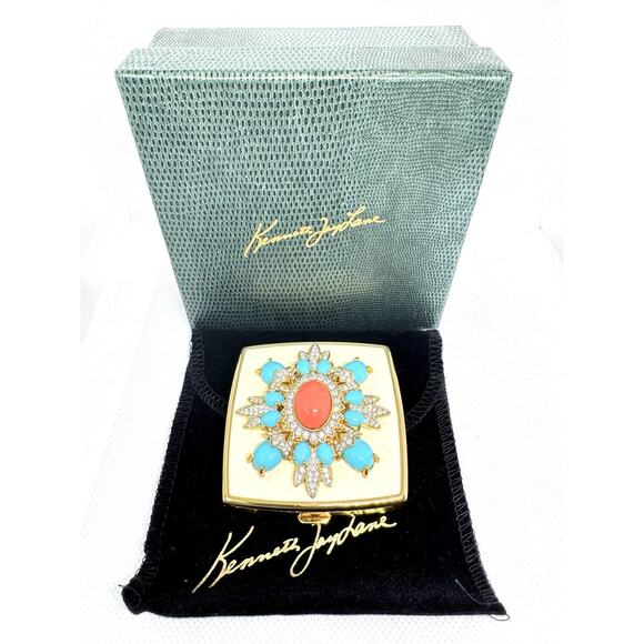 NIB VINTAGE! KENNETH LANE CORAL TURQUOISE RHINESTONE COMPACT MIRROR VANITY RARE - Picture 2 of 7